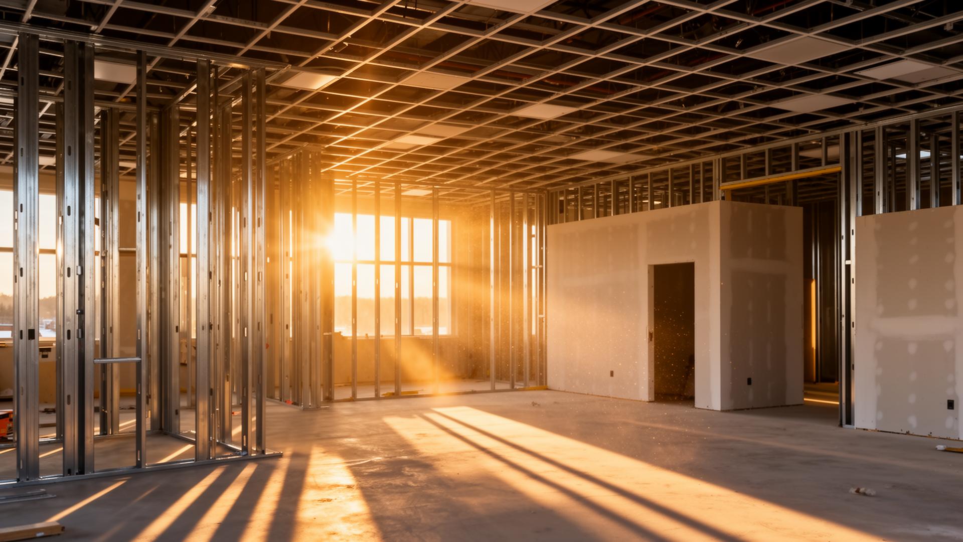 Commercial interior under construction at golden hour